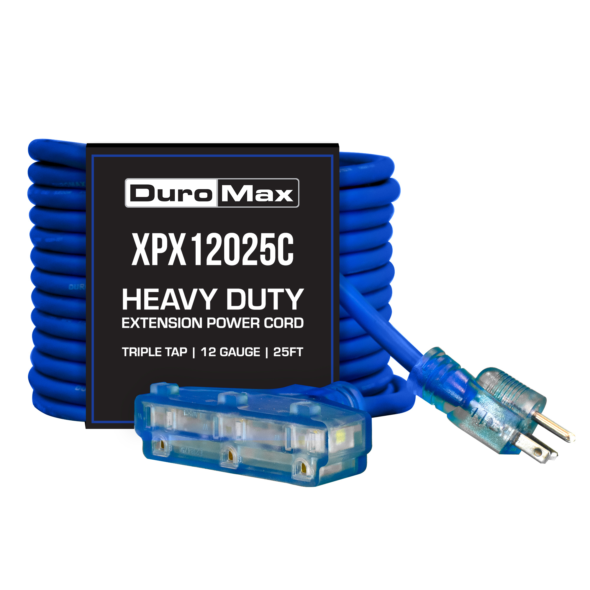 DuroMax, 12 Gauge 25ft. Flexible Triple Tap Cord, Cord Length 25 ft, Cable Gauge 12 Amps 15 Model# XPX12025C